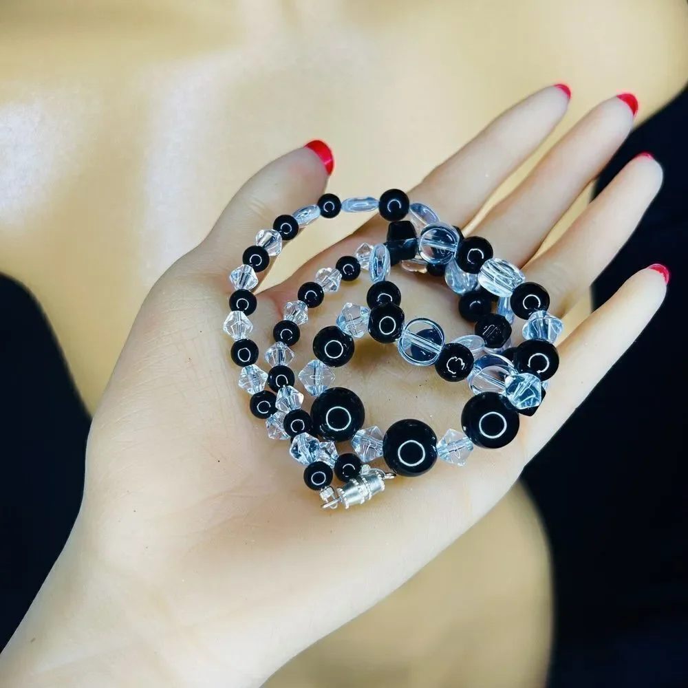 Vintage Clear Black Beads Beaded Necklace Confetti Flat Beads Barrel Clasp  4166